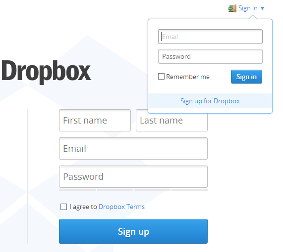 веб-интерфейс dropbox