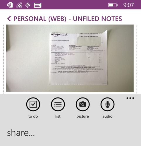 Скриншот отслеживания финансов в приложении OneNote для мобильных устройств