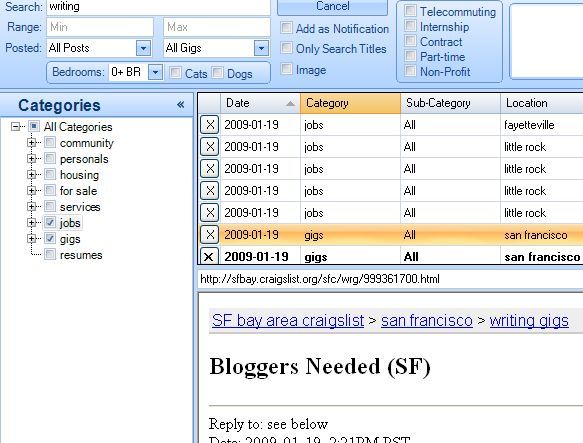 Поиск Craigslist с помощью CraigsList Reader (Windows) craigslist41