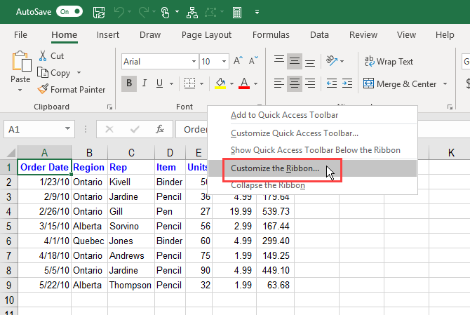 Выберите «Настроить ленту» в контекстном меню ленты Excel.