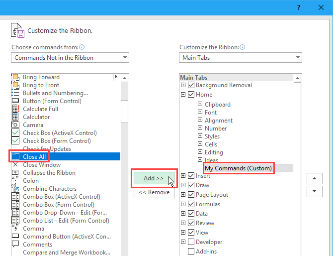Добавить команду в новую группу на ленте Excel