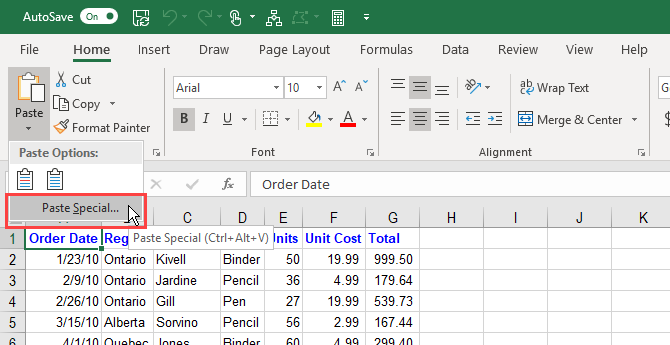 Специальная опция «Вставить» на вкладке «Главная» на ленте Excel