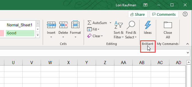 Встроенная группа переименована на ленте Excel