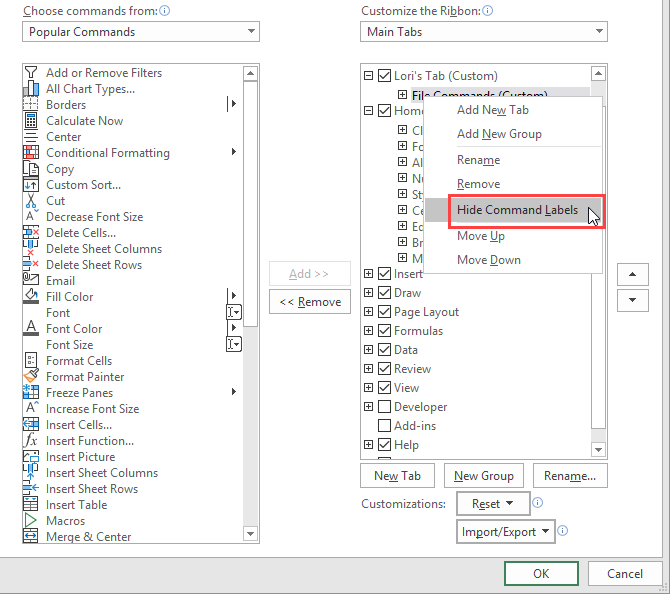 Выберите «Скрыть метки команд» для ленты Excel в диалоговом окне «Параметры Excel».