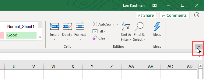 Сверните ленту с помощью кнопки со стрелкой вверх на правой стороне ленты Excel