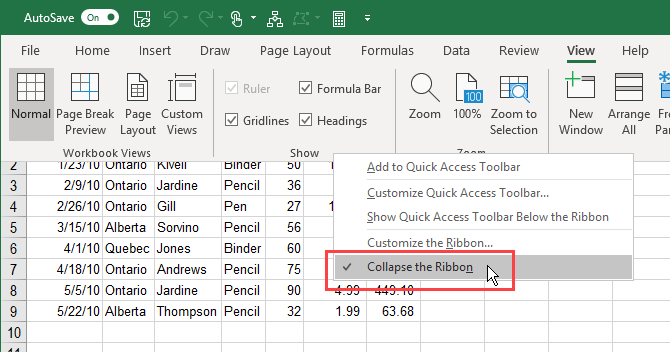 Параметр «Свернуть ленту» в контекстном меню ленты Excel