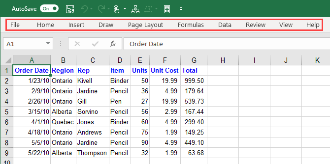 Свернутая лента Excel с вкладками, показывающими