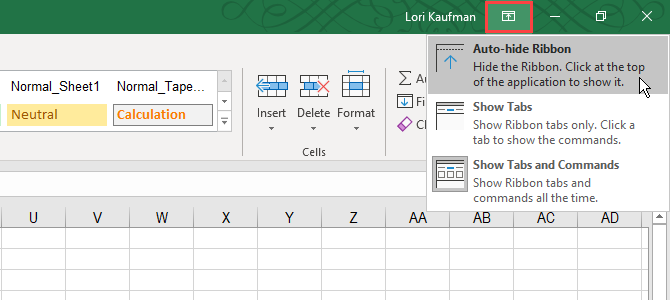 Меню параметров отображения ленты на ленте Excel