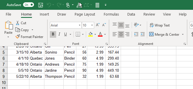 Лента Excel упала на листе
