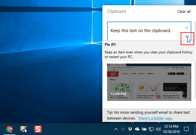 Закрепить элемент в буфере обмена в Windows 10