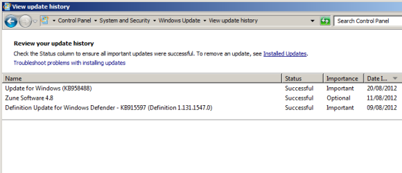 Windows 7 обновлений выиграл' /></p>
<p>Неудачное обновление, которое было (частично) установлено, обычно подсвечивается каким-либо сообщением об ошибке. Чтобы проверить историю обновлений Windows (из всех элементов, которые были загружены для установки Windows), найдите <strong>Посмотреть историю обновлений</strong> на левой панели экрана Центра обновления Windows.</p>
<p><noscript><img decoding=