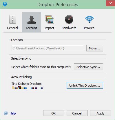 Настройки Dropbox