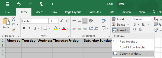 Как сделать шаблон календаря в Excel Excel Ширина столбца 670x242