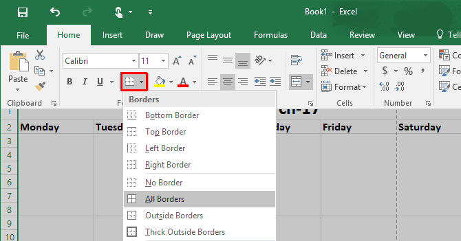 Как сделать шаблон календаря в Excel Excel Grid Borders 670x351
