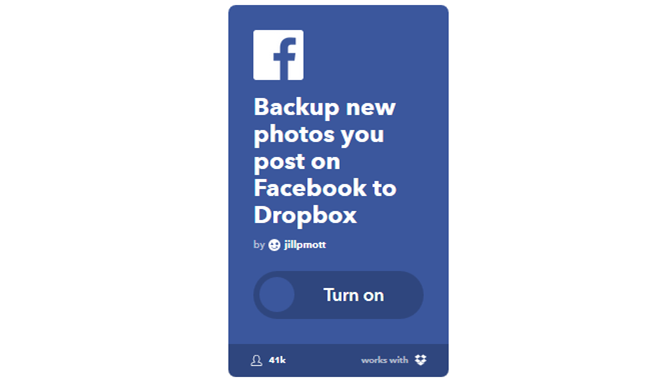 Окончательное Руководство IFTTT: Используйте Сеть' /><br />
<strong>Результат:</strong> Все фотографии в вашем фиде Facebook сохраняются в вашем аккаунте Dropbox.</p>
<p><strong>Для чего это хорошо:</strong> Резервное копирование. Старайтесь не терять эти драгоценные воспоминания, если Facebook по какой-либо причине отключится.</p>
<h4>Апплет № 2 — Tweets ваш обновления статуса Facebook</h4>
<p><noscript><img decoding=
