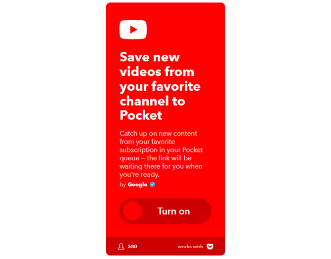 Окончательное Руководство IFTTT: Используйте Сеть' /></p>
<p><strong>Результат:</strong> Получайте новые видео с каналов, на которые вы подписаны, на YouTube и отправляйте их прямо в Pocket.</p>
<p><strong>Для чего это хорошо:</strong> Иногда у вас нет времени, чтобы быть в курсе всех новостей, происходящих по всему миру. Это гарантирует, что вы получите все видео с любимых каналов, чтобы вы могли посмотреть их позже.</p>
<h4>Апплет № 2 — Карманные Избранное в Evernote</h4>
<p><noscript><img decoding=