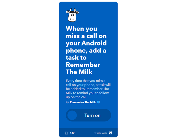 Окончательное Руководство IFTTT: Используйте Сеть' /></p>
<p><strong>Результат:</strong> Каждый раз, когда вы пропускаете телефонный звонок на вашем Android-устройстве, в популярное приложение для дел &laquo;Помните молоко&raquo; добавляется задача.</p>
<p><strong>Для чего это хорошо:</strong> Вы никогда не забудете перезвонить, будь то бизнес или для удовольствия, когда вы используете этот удобный апплет.</p>
<h3>Апплет № 2 — Получить уведомление, чтобы отключить Wi-Fi</h3>
<p><noscript><img decoding=