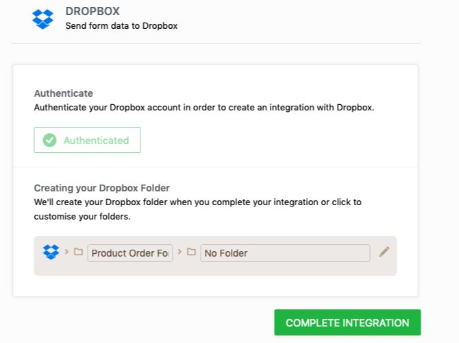 Аутентификация интеграции Dropbox Jotform