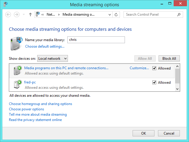 Параметры потоковой передачи мультимедиа для Windows 8.1