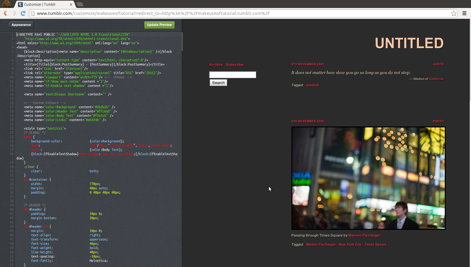 Неофициальный, начинающий' /><br />
Редактирование этого требует практического знания HTML и CSS</p>
<p>, Я не буду освещать это здесь, потому что это уйдет намного глубже, чем мы готовы сегодня. Тем не менее, у tumblr есть отличное руководство для начинающих, так что проверьте это. И есть много отличных мест в Интернете, чтобы узнать, как это редактировать. Если вы хотите сделать это, я бы предложил выбрать тему и затем отредактировать ее, а не создавать ее с нуля.</p>
<p>Если вы новичок, я бы посоветовал пойти в Code Academy и там изучить HTML и CSS. Это отличный ресурс. MakeUseOf также имеет два великолепных руководства по изучению HTML и изучению HTML5, которые вы можете использовать, чтобы немного научить вас основам HTML.</p>
<h2 id=