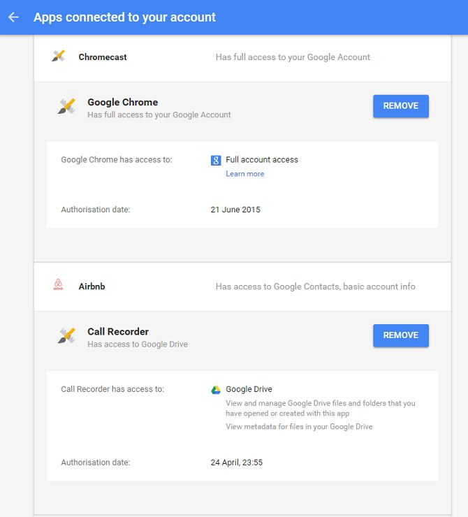 Снимок экрана Google Connected Apps