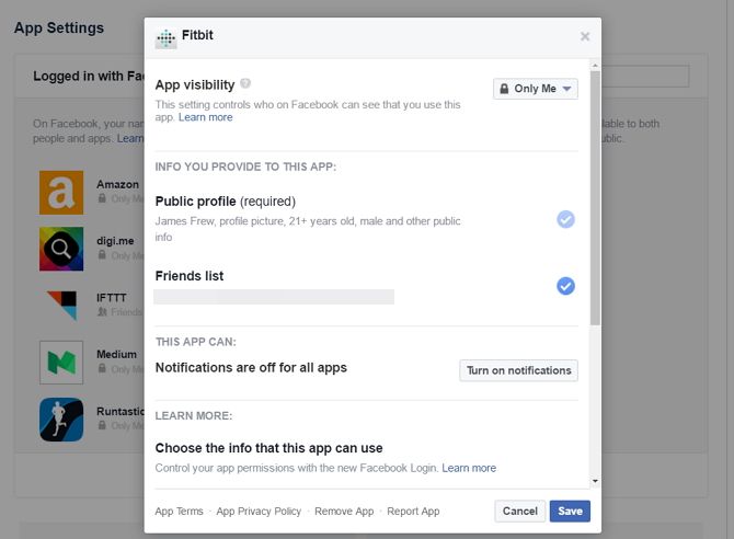 Снимок экрана подключенных приложений Facebook