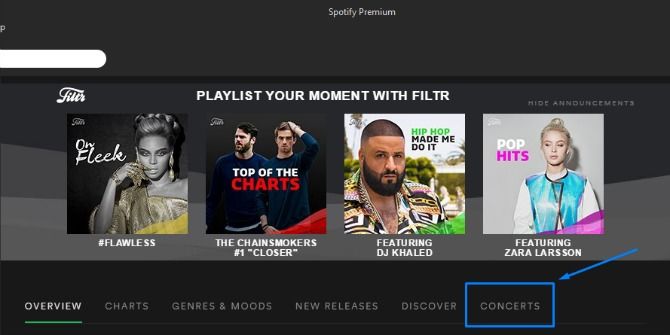 Страница концертов Spotify