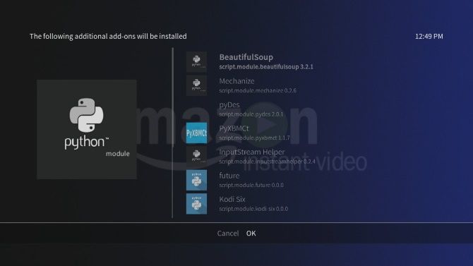 Зависимости Amazon VOD в Kodi
