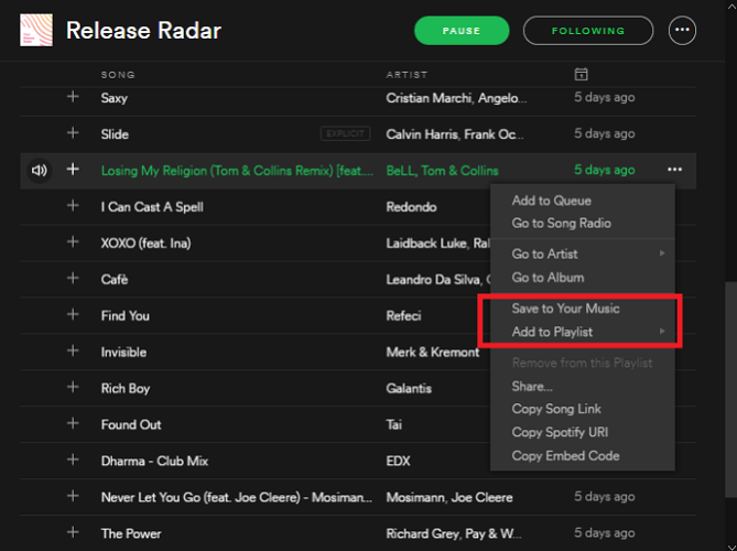 Spotify Добавить в плейлист