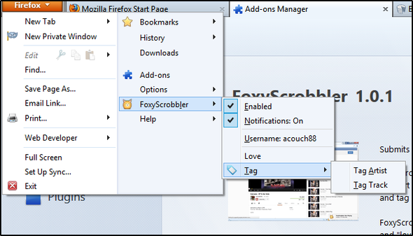 Улучшение Pandora с помощью этих дополнений браузера Chrome и Firefox Меню FoxyScrobbler