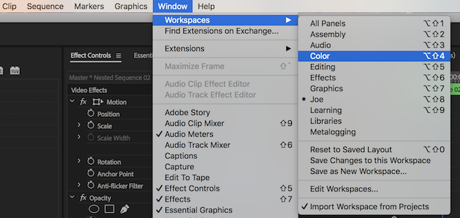 Пункт меню Premiere Color Workspace