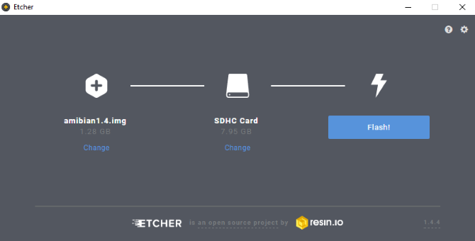 Записать Amibian OS на SD-карту с помощью Etcher