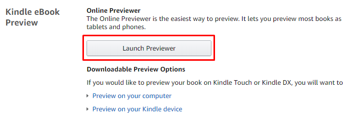 Кнопка запуска Previewer для предварительного просмотра книги Kindle