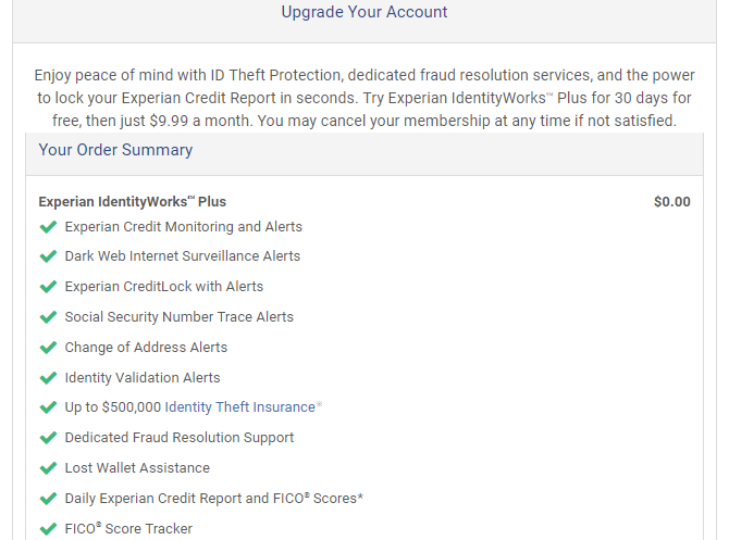 Обновление платной учетной записи Experian