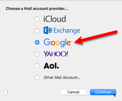выберите почтового провайдера Mac