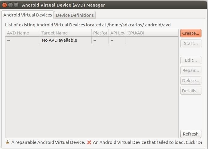 Android AVD менеджер убунту