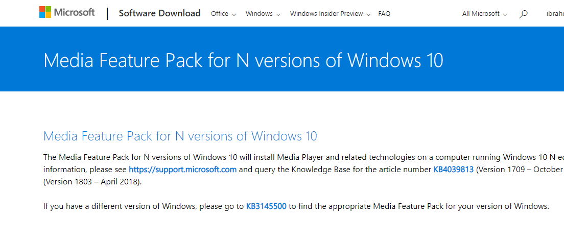 Media Feature Pack для Windows N