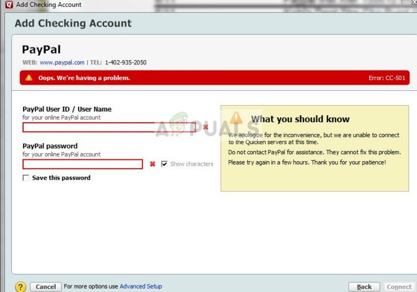 Quicken Ошибка CC-501 в Windows 10