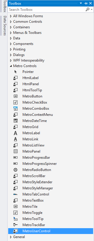 Компоненты пользовательской панели инструментов Windows MetroControls