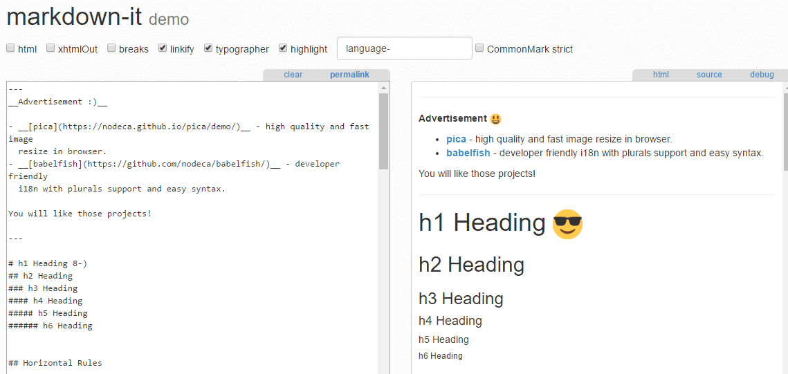 Markdown-it редактор демо