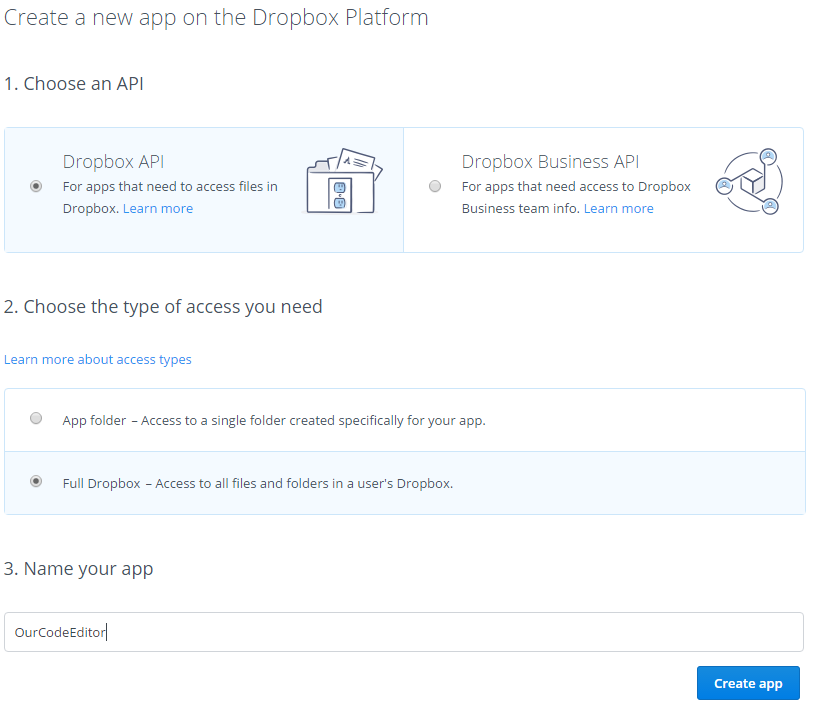 Dropbox создать приложение