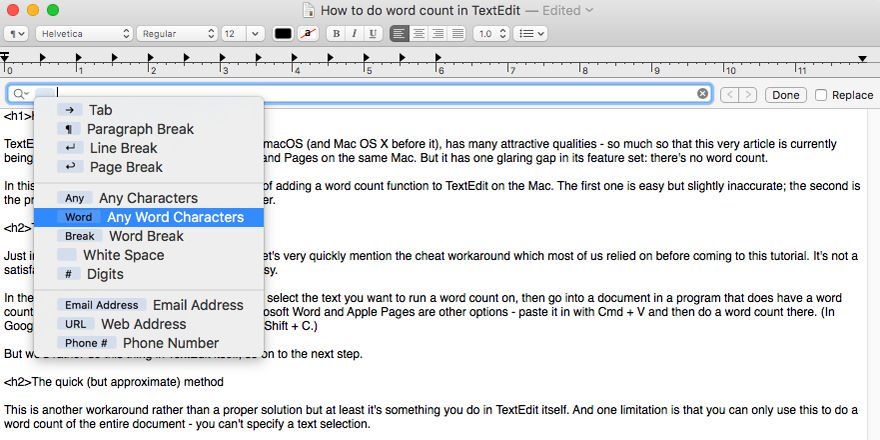 Как сделать подсчет слов в TextEdit на Mac: Найти