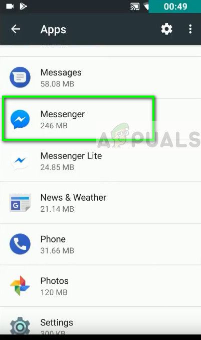 Messenger в диспетчере приложений Android