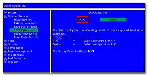 Изменение операции SATA на ATA