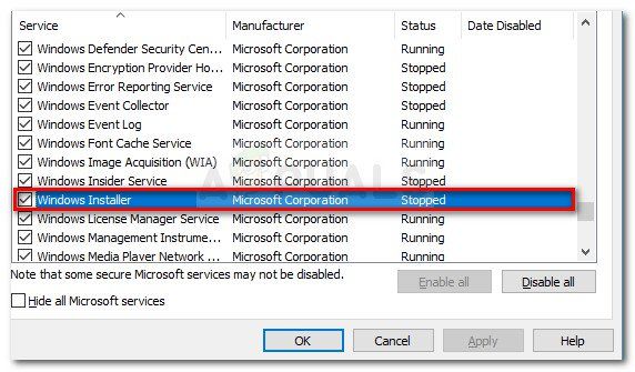 Убедитесь, что служба установщика Windows включена