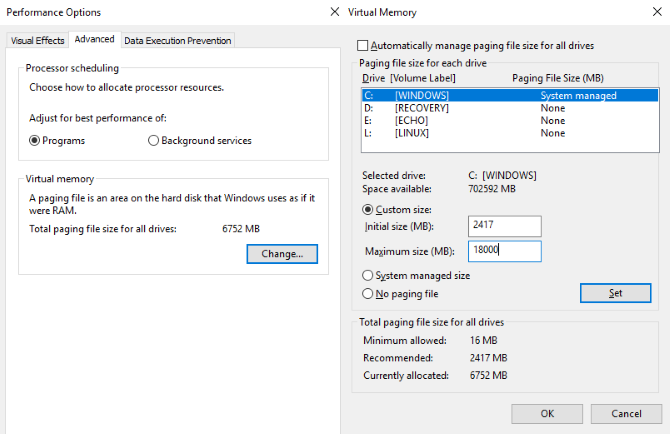 Сбросить виртуальную память Windows 10