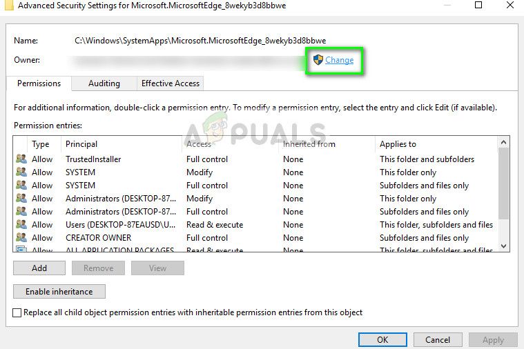 Смена владельца папки Edge в Windows 10